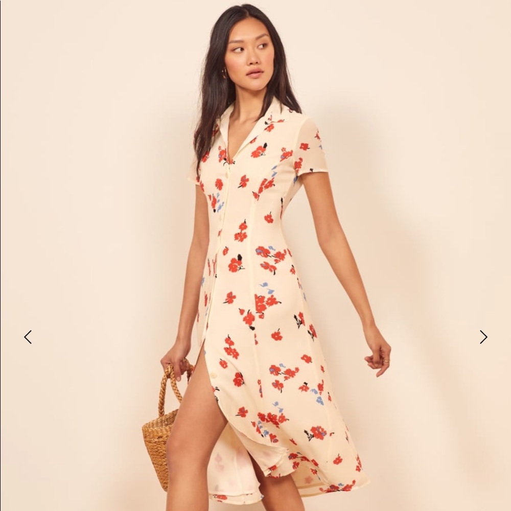 Reformation Floral Midi Dress in Cream and Red